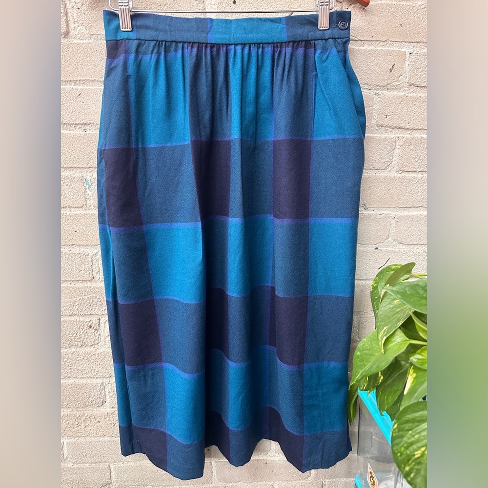 Vintage 1960's Russell Sherry Made in the USA Blue Plaid Lined Skirt Wool M
